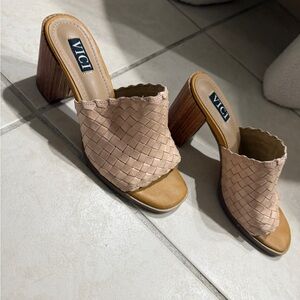 Vici Tan Heels with Chunky Block Heel and Woven Texture